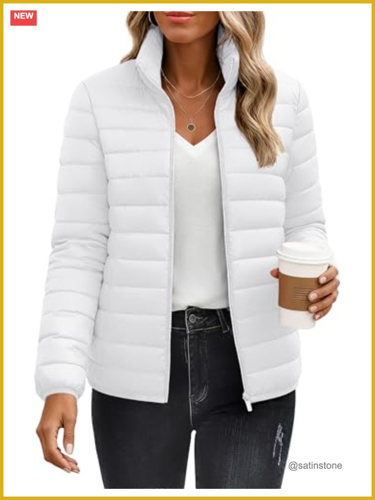 Lightweight Quilted Puffer Jacket With Stand Collar, 4 Pockets, Zip Up,